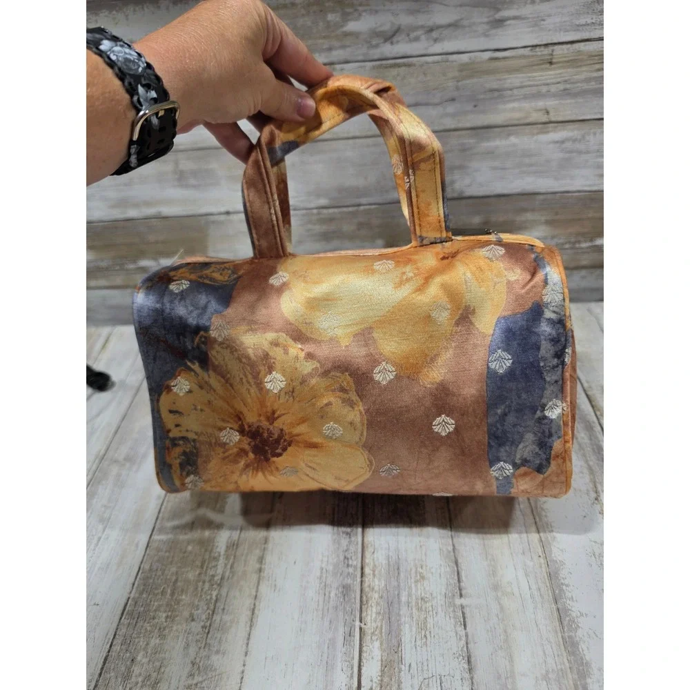 Living Things Co Abstract Floral Batik Canvas Barrel Travel Bag‎ Orange Blue NWT